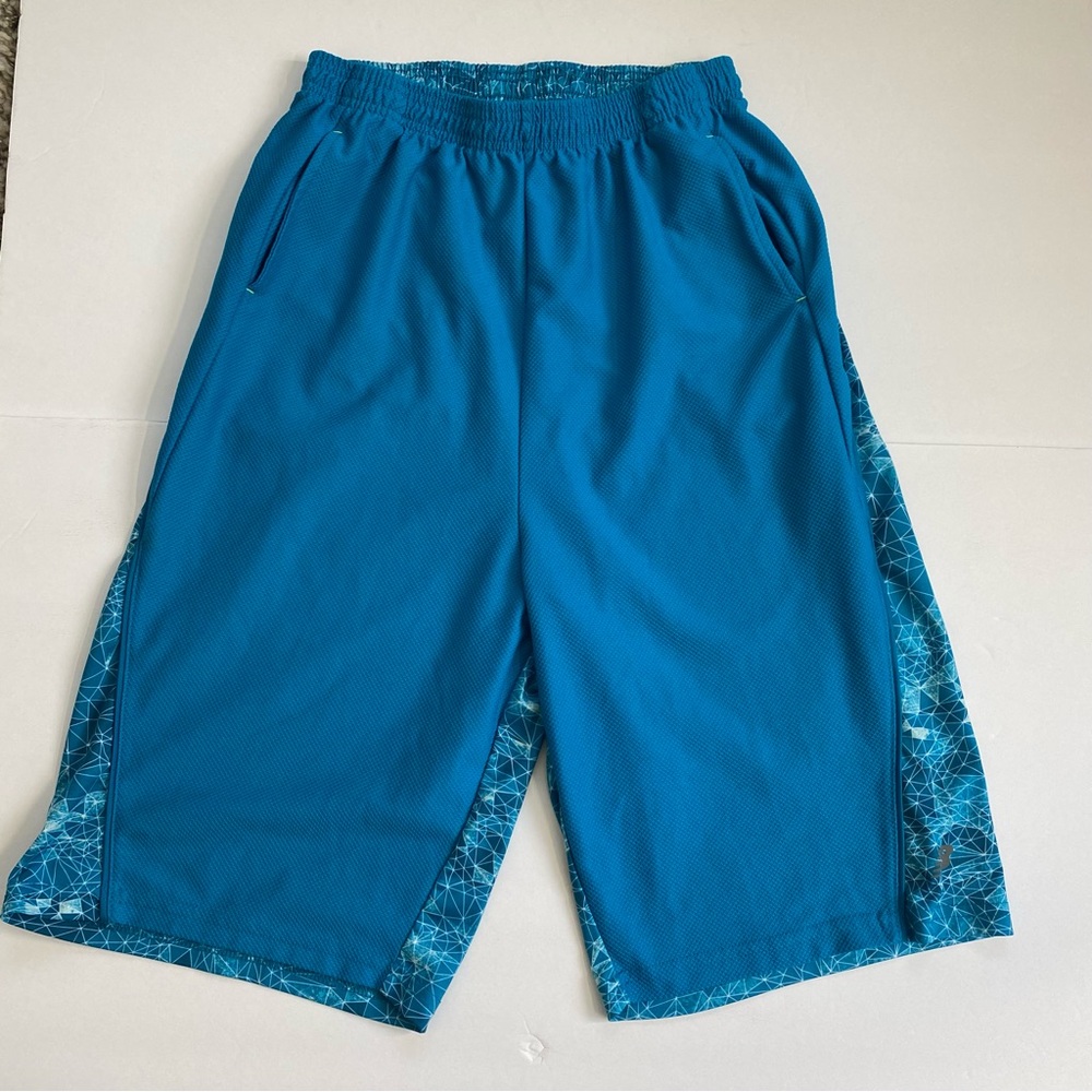 New Balance Boys’ Performance Print Panel Shorts in Deep Ozone Blue Geo 14/16